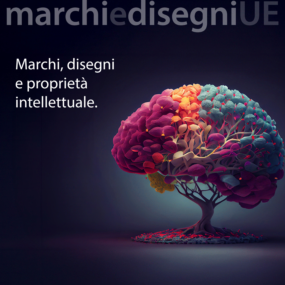 Gif con albero colorato, logo in negativo e descrizione Marchi, disegni e proprietà intellettuale. Crea. Proteggi. Cresci.